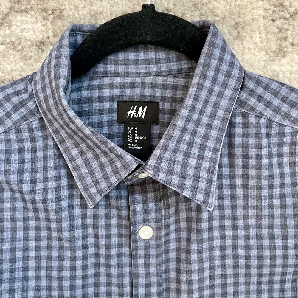 H&M Men’s Blue & Grey Gingham Check Long Sleeve Button Up Shirt - Medium - Picture 3 of 11